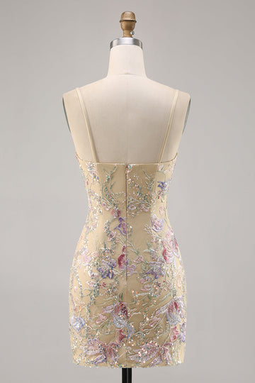 Apricot Floral Embroidered Bodycon Short Prom Dress